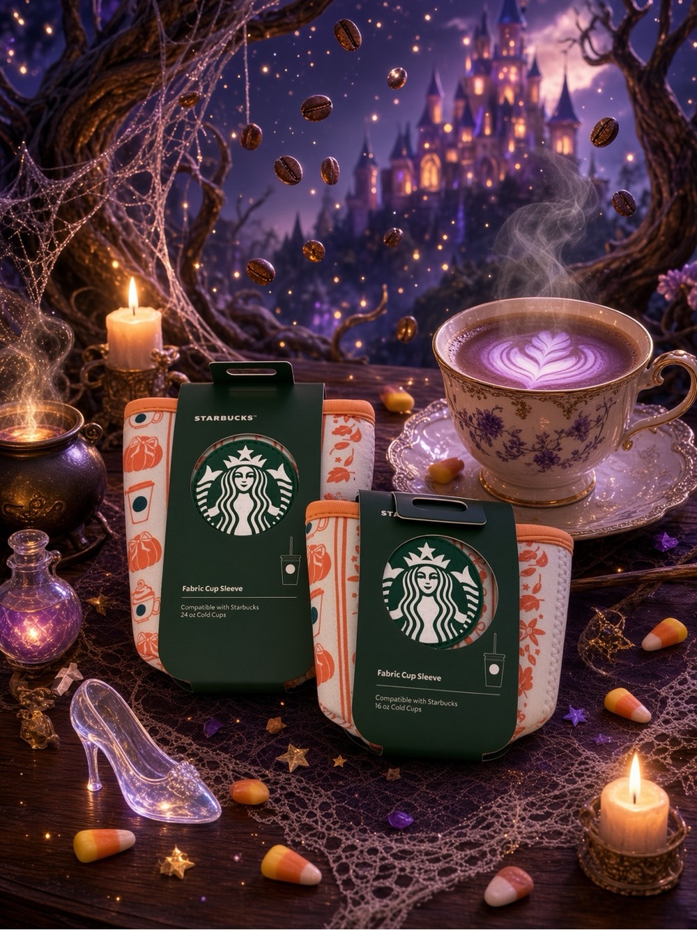 Starbucks Orange & White Fabric Cup Sleeve Set - Pumpkin Pattern